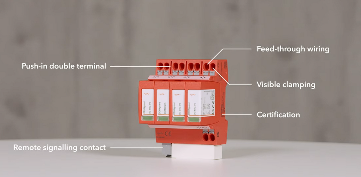 Load video: In this video, we show you how to install a surge protection device from the DEHNguard MD series. Thanks to its double screw connection, you can wire conductors of different sizes, create feed-through wiring without upstream terminal blocks, and save valuable space in your sub-distribution board.